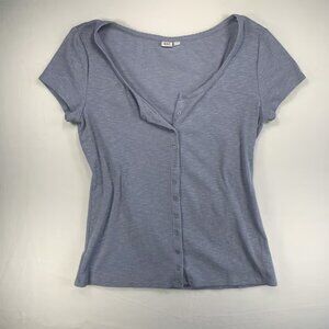 Size L Powder Blue Stretch Shirt Coquette Top Ribbed Buttons